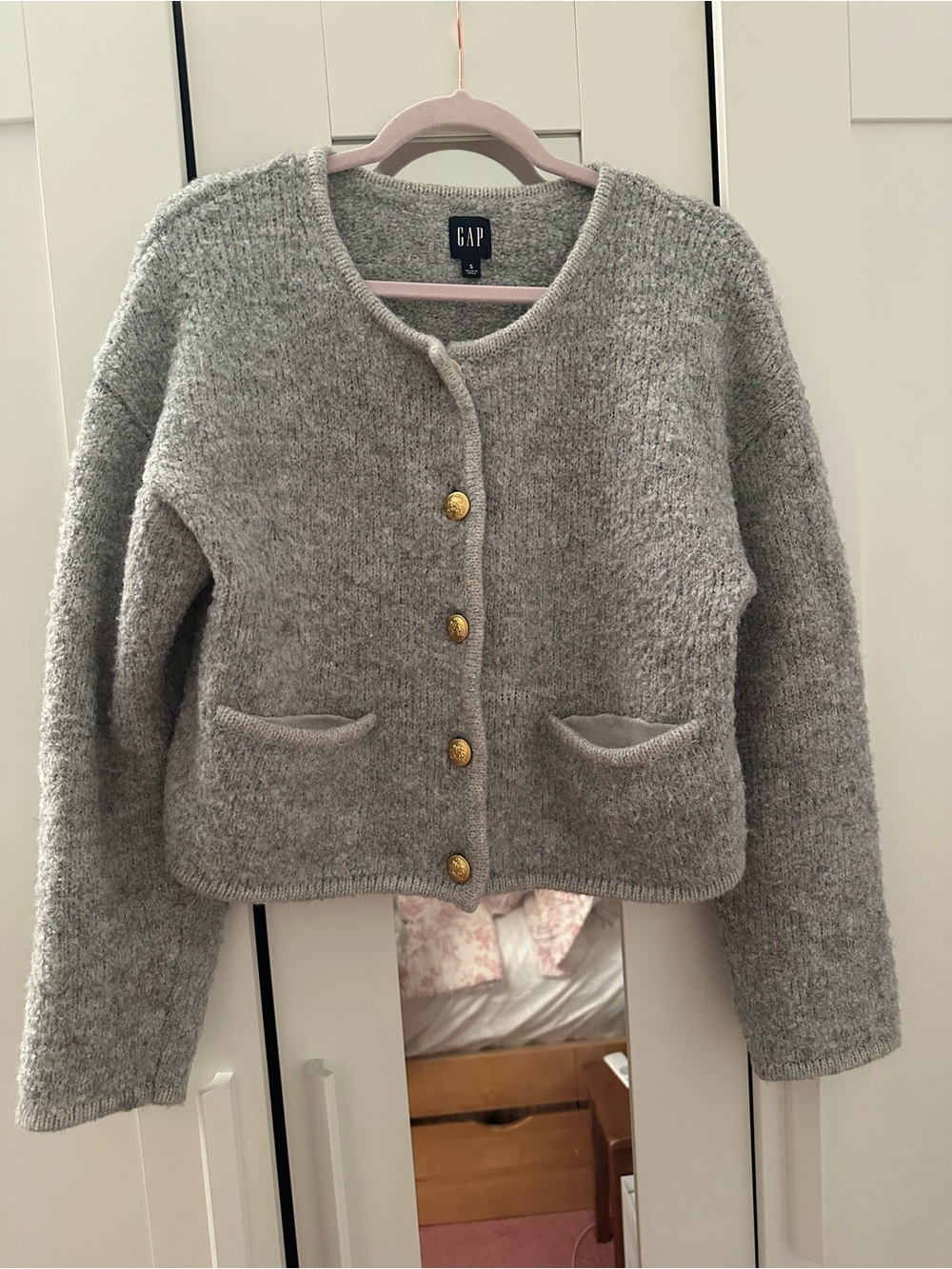 Gap grey boucle cardigan with gold buttons size small